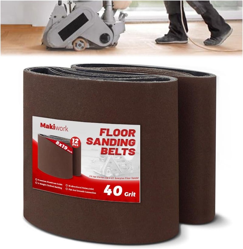 makiwork 8 inch x 19 inch 40 Grit Sanding Belts, 12 Pack, EZ 8 Drum Sander Sandpaper Rolls for Woodworking and Floor Polishing, Aluminum Oxide Sander Sleeves - Image 1